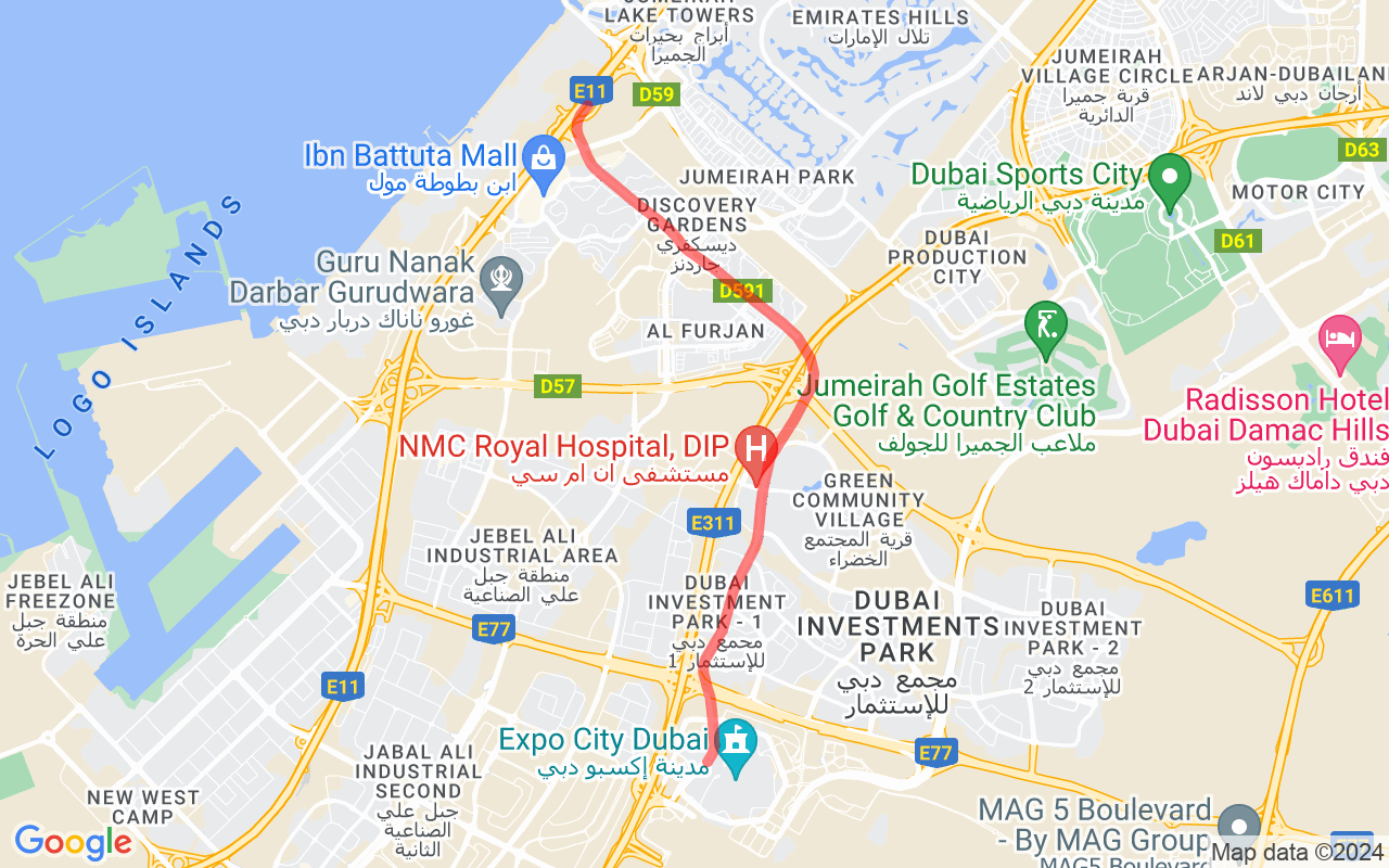 Map showing route of Dubai Metro Route 2020