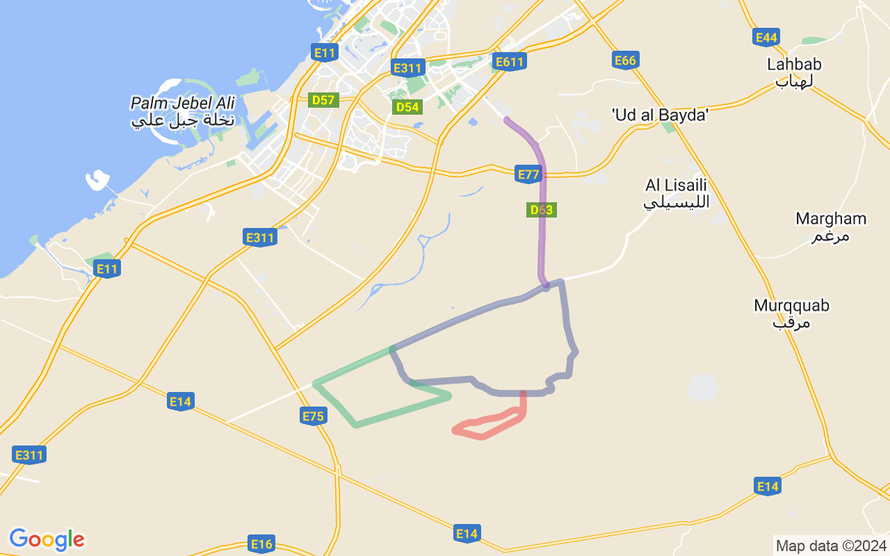 Route map of Al Qudra Cycle Track in Dubai desert