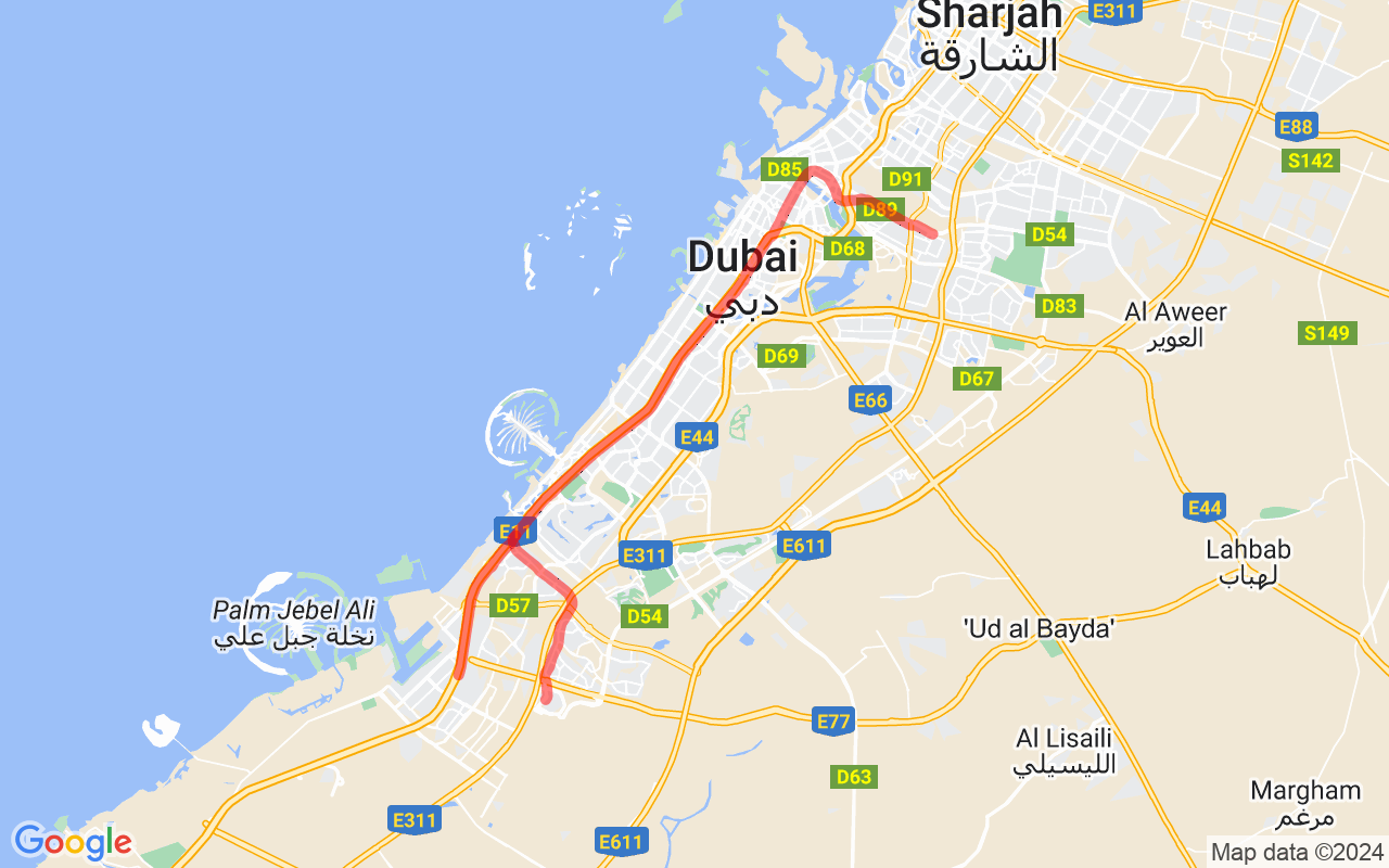 Map showing route of Dubai Metro Red Line