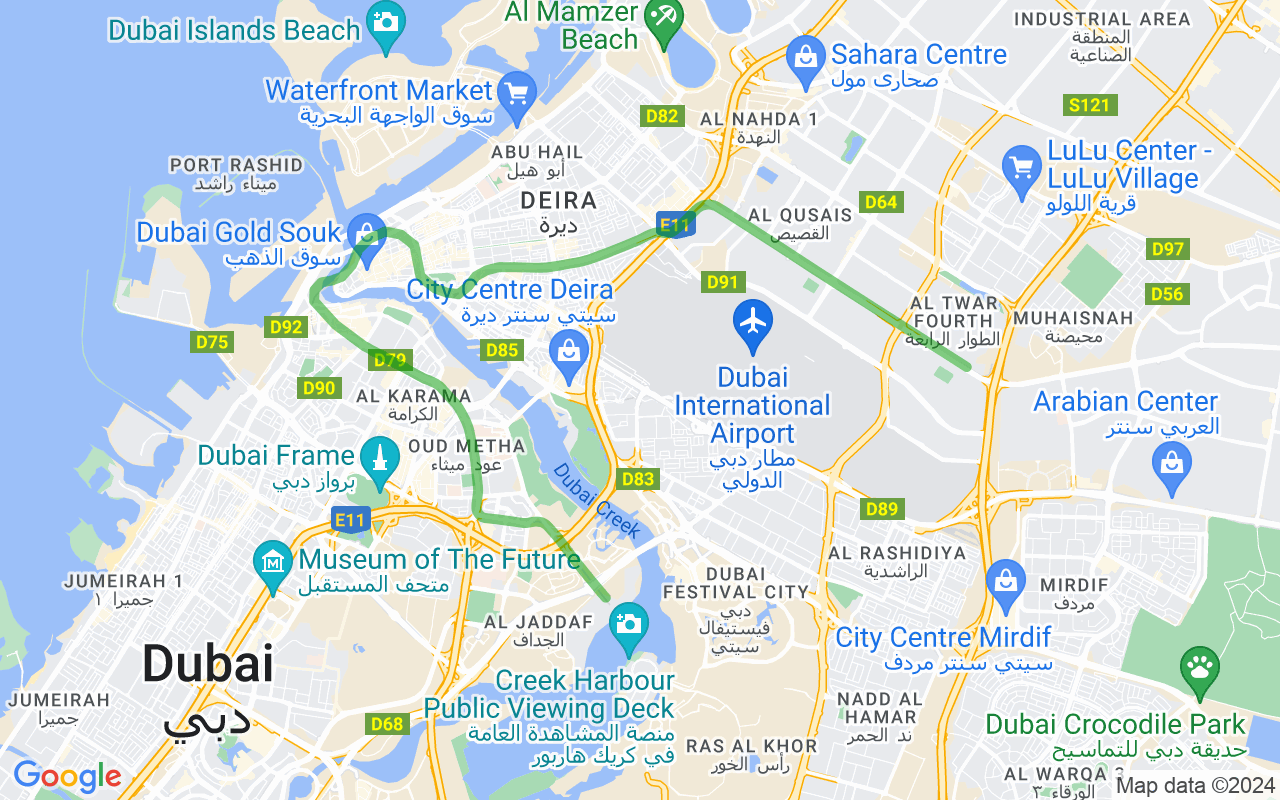 Map showing route of Dubai Metro Green Line