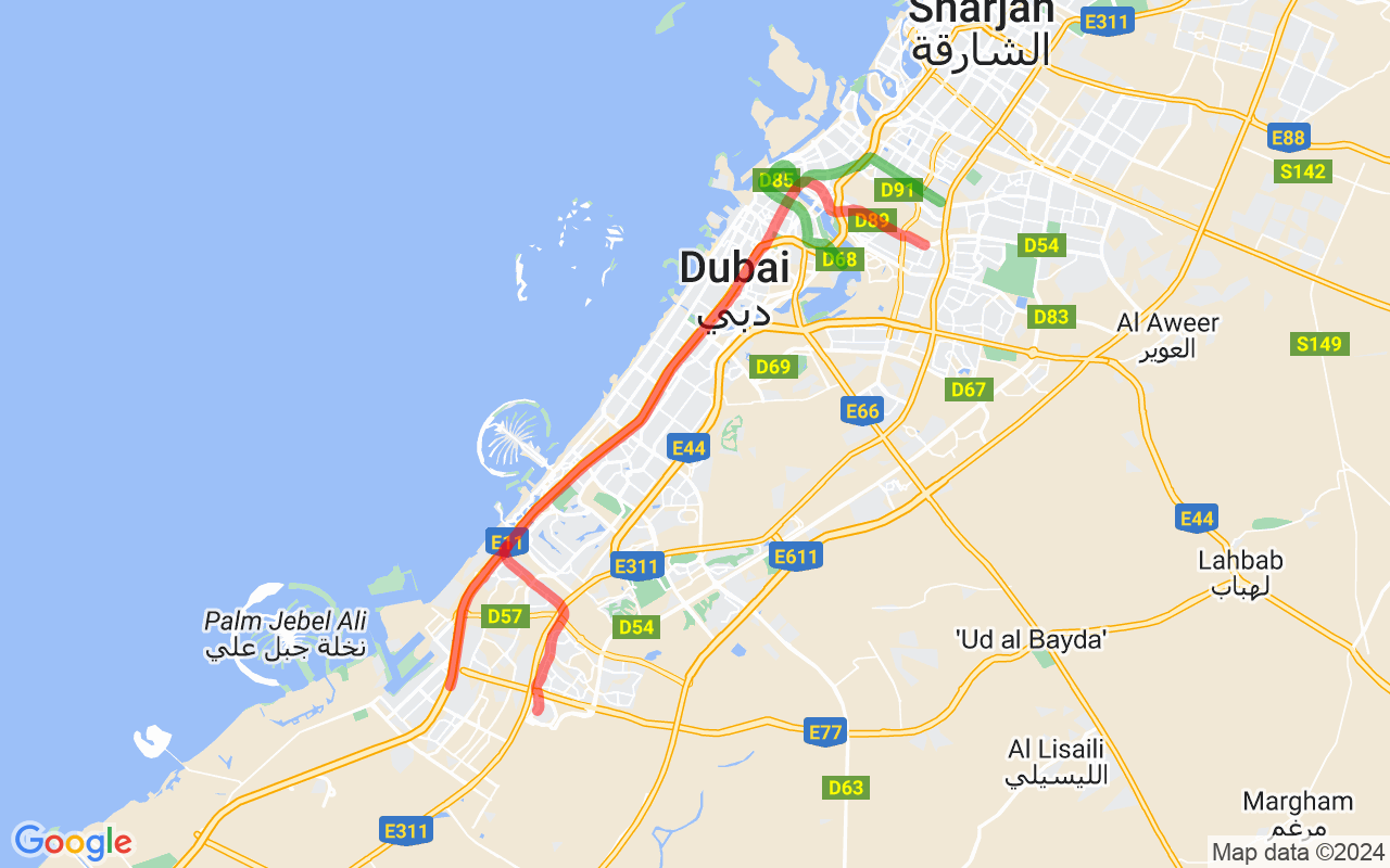 Map showing route of Dubai Metro Map