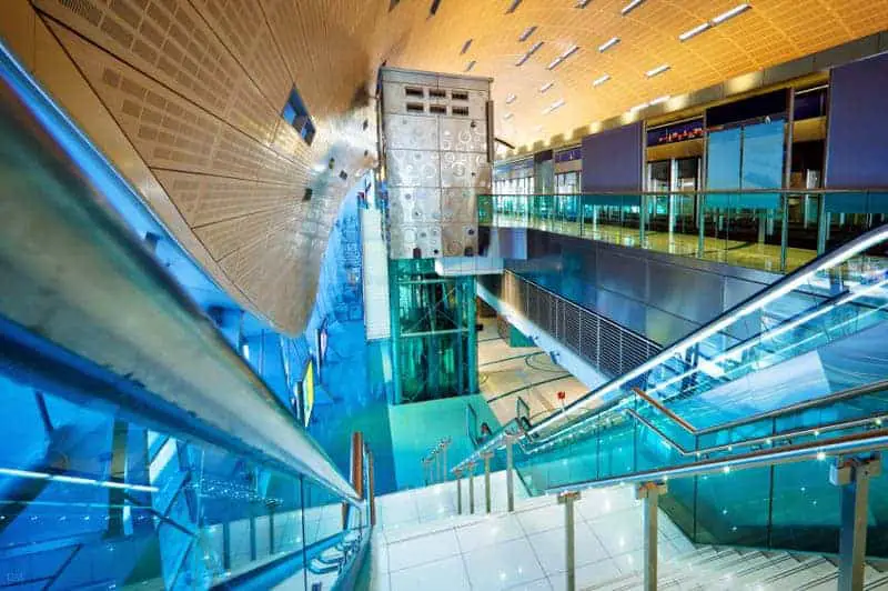 View of the interior of a futuristic Metro station in Dubai