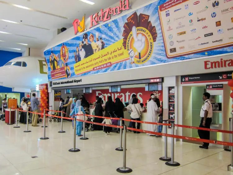 Parents and children queuing for the Kidzania theme park at the Dubai Mall
