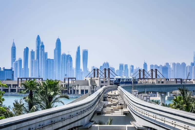 Train on the Palm Jumeirah Monorail in Dubai