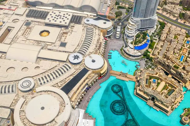 Photo of the Dubai Mall, Dubai Fountain, and Souk Al Bahar. Taken from the Burj Khalifa.