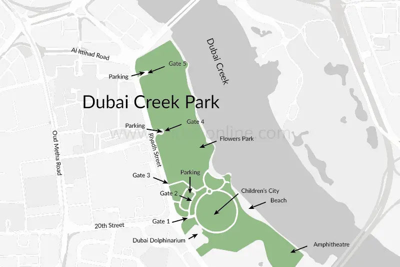 Plan of Dubai Creek Park showing location, car parks, and gates