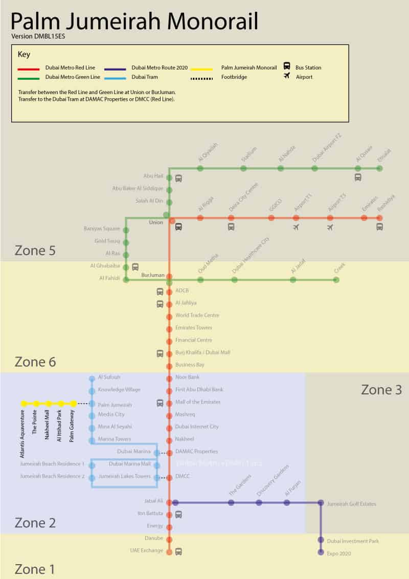 Schematic map of Palm Jumeirah Monorail and Dubai Tram, Dubai Metro