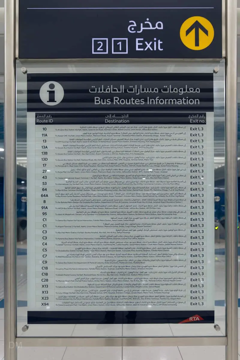 Sign showing buses departing from Gold Souq Bus Station