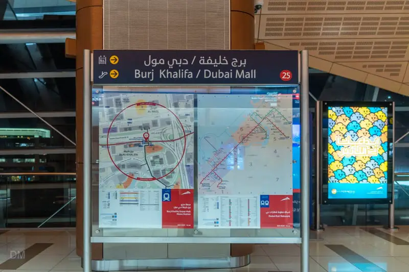Local area map and Dubai Metro map at Burj Khalifa Dubai Mall Metro Station