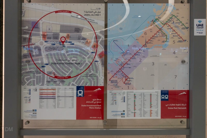 Local area map and Dubai Metro map at Dubai Investment Park Metro Station