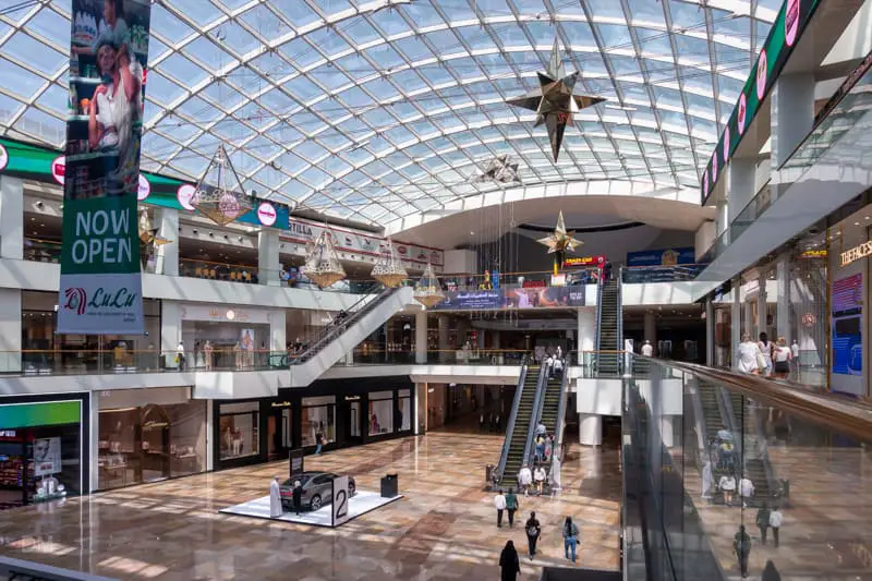 Interior of Dubai Festival City Mall showing glass roof