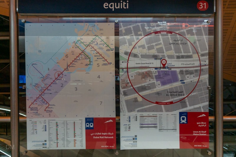 Dubai Metro Map and local area map at Equiti Metro Station