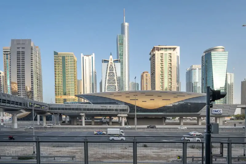 DMCC Metro Station and footbridge over Sheikh Zayed Road to Jumeirah Lakes Towers Tram Station