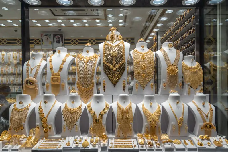 Gold jewellery on display at Amirat Al Sharq Jewellery in Gold Souk Dubai